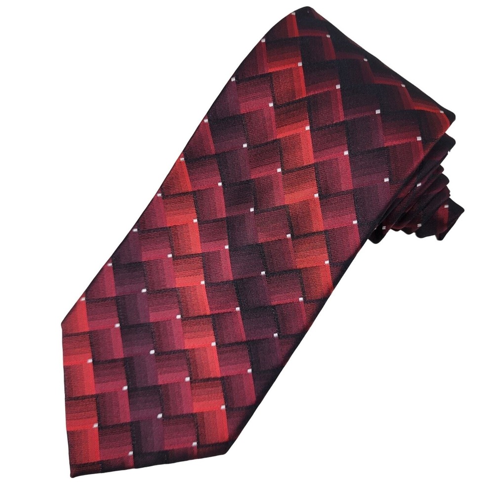 Van Heusen Silk Necktie Men's Foulard Diamond Pattern Shimmer Check Red Burgundy